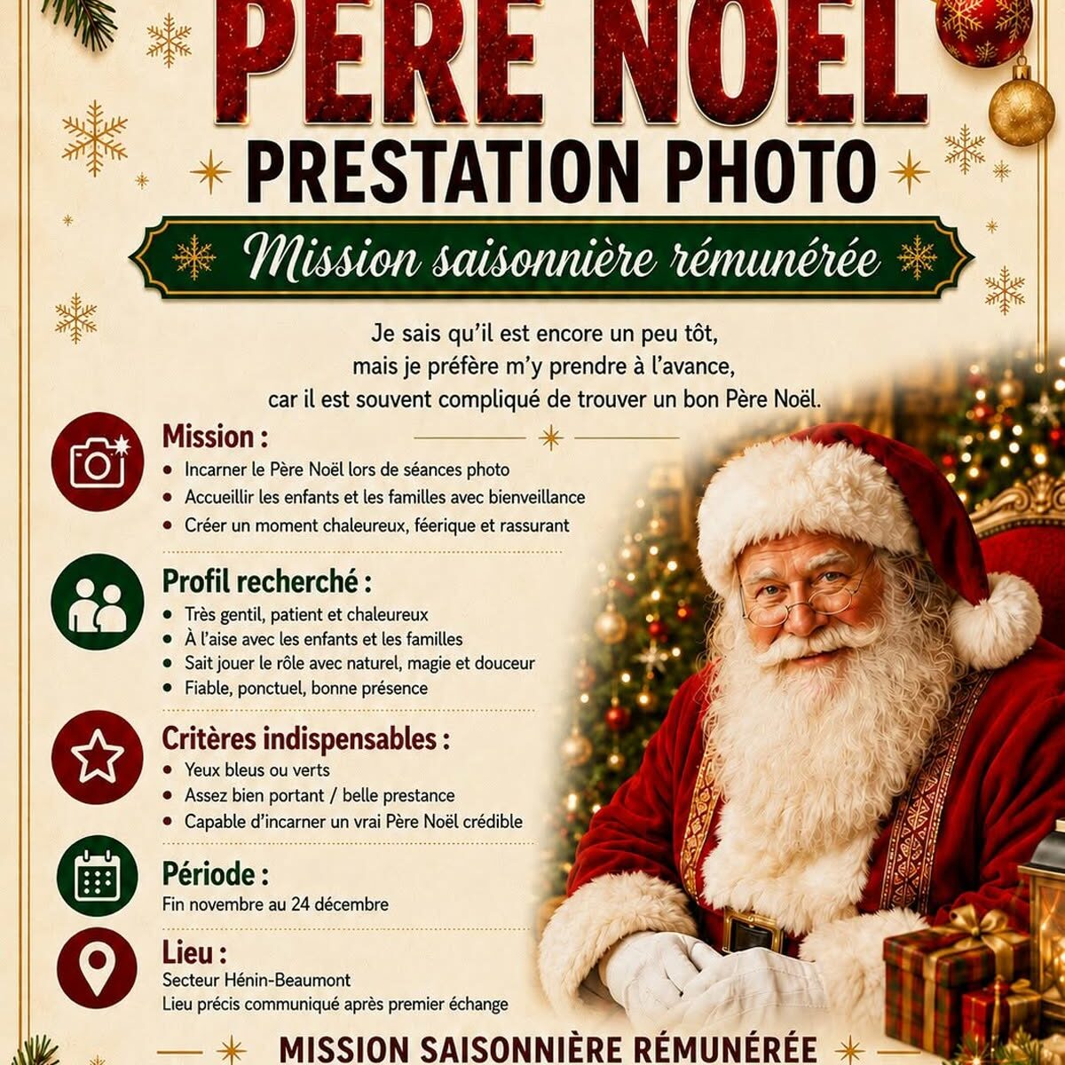 Recherche Père Noël pour prestation photo.
