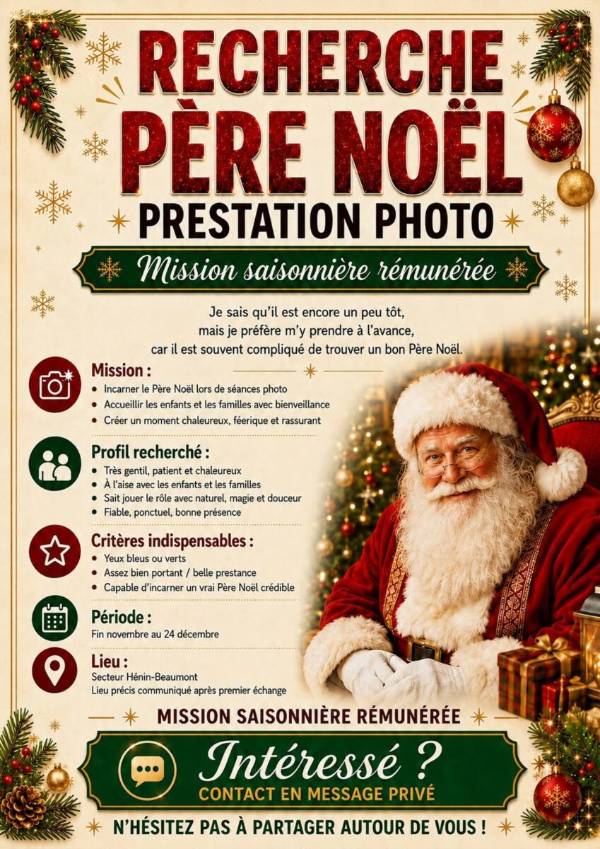 Recherche Père Noël pour prestation photo.